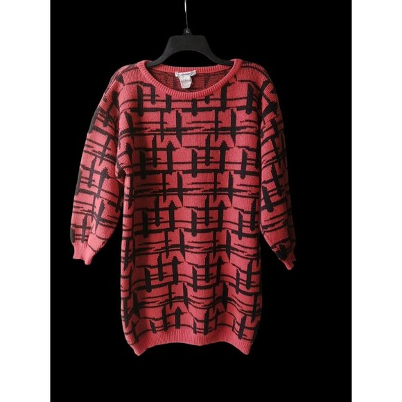 Vintage Sweater 80s Red Black Abstract Long Retro Nostalgia Slouchy - Picture 12 of 12